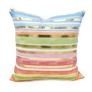 Gold Foil & Watercolor Stripes Pillow || Gold Foil Stripes Pillow || Colorful Pillow || Spring and Summer Throw Pillow - 374