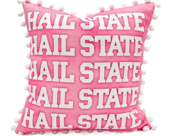 Pink Hail State Pillow || MSU Pillow || Mississippi State Pillow || Pom Poms Pillow - 1198