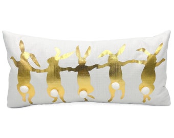 Easter Pillow || Gold Bunnies || Bunny Tail Pillow || Dancing Bunnies - 343