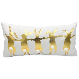 Gold Foil Dancing Bunnies Pillow || Bunnies Pillow || Bunny Tails Pillow || Easter Decor - 343