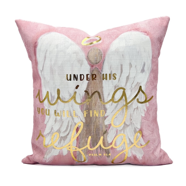 Gold Foil Pink Psalm 91 Angel Pillow || Pink Nursery Pillow || Scripture PIllow - 560