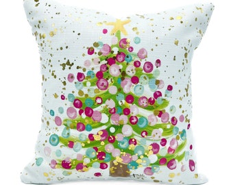 Gold Foil Pink & Mint Splatter Christmas Tree Pillow || Christmas Pillow || Gold Foil Christmas Tree || Christmas Decor - 1085