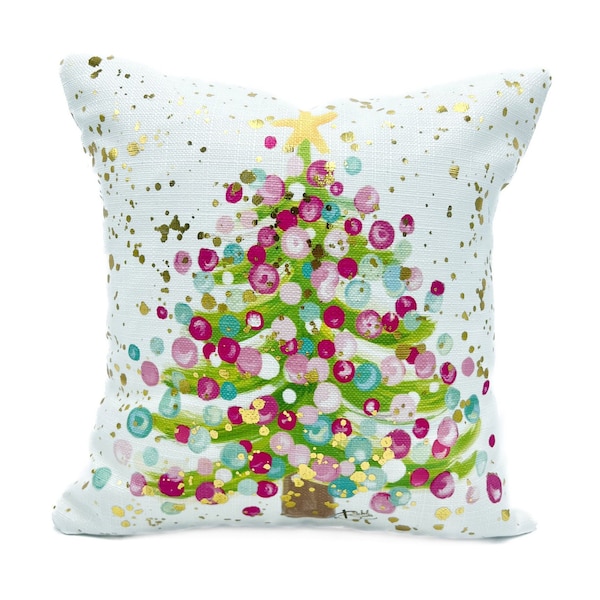 Gold Foil Pink & Mint Splatter Christmas Tree Pillow || Christmas Pillow || Gold Foil Christmas Tree || Christmas Decor - 1082