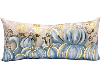 Gold Foil Blue Pumpkins Lumbar Pillow || Pumpkin Pillow || Blue Pumpkins - 1344