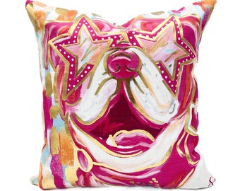 Gold Foil Preppy Pink Bulldog Pillow || Mississippi State Bully Pillow || MSU Dorm Pillow - 842