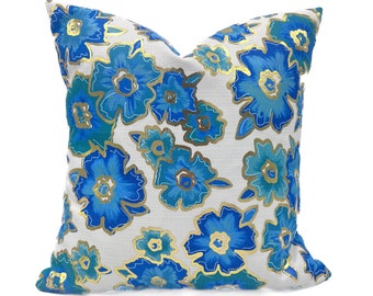 Turquoise Blooms Gold Foil Pillow || Blue Blooms Gold Foil Pillow || Turquoise Floral Pillow || Blue Floral Pillow - 919