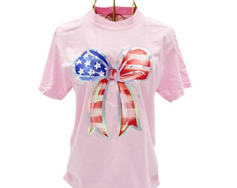 Holographic Foil Stars & Stripes Bow Tshirt || Patriotic Tshirt || Short Sleeve Tshirt || Preppy Bow Shirt - 1238