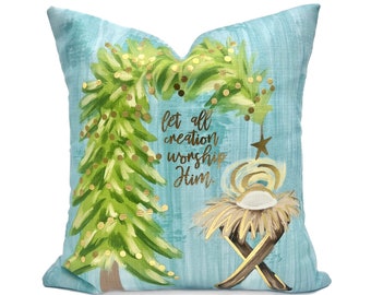All Creation Worship Him || Gold Foil Christmas Tree & Manger Pillow || Christmas Pillow || Nativity Pillow || Christmas Tree Pillow - 892