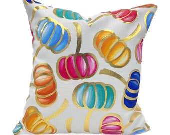 Gold Foil Colorful Falling Pumpkins Pillow || Pumpkin Pillow || Fall Pillow - 877