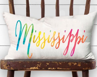 Colorful Watercolor Mississippi Pillow  ||  Custom State Pillow  || MS