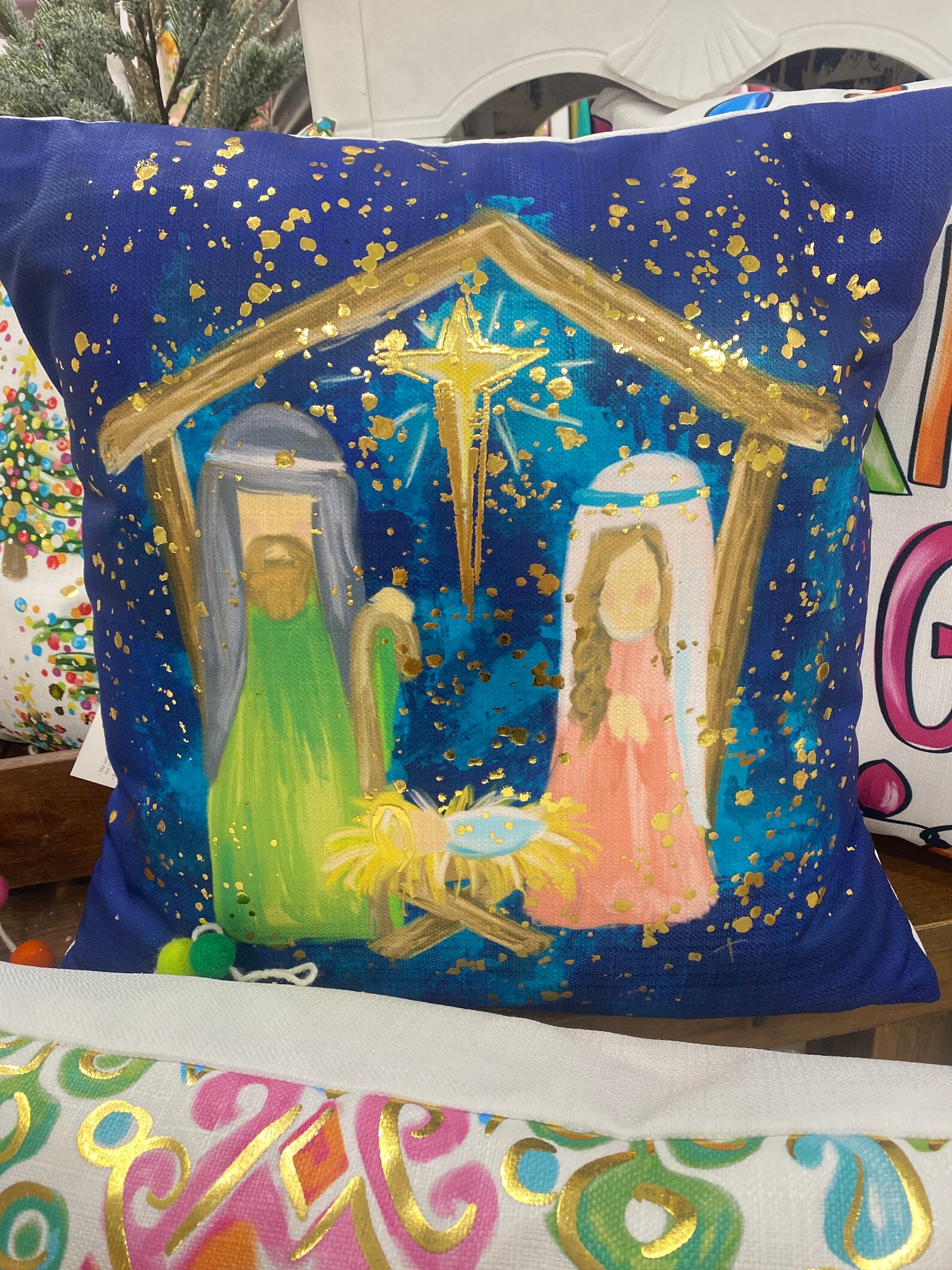 Gold Foil Pastel Nativity Velvet Pillow main image 1
