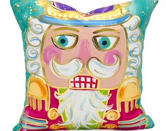 Turquoise Colorful Gold Foil Nutcracker Pillow || Christmas Accent Pillow || Nutcracker Decor - 894
