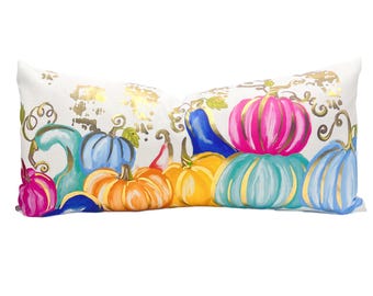 Goldfolie Bunte Kürbisse Lendenkissen ||  Kürbis Kunst ||  Kürbis Kissen ||  Bunte Kürbisse ||  Goldfolie Kürbis Dekor - 886