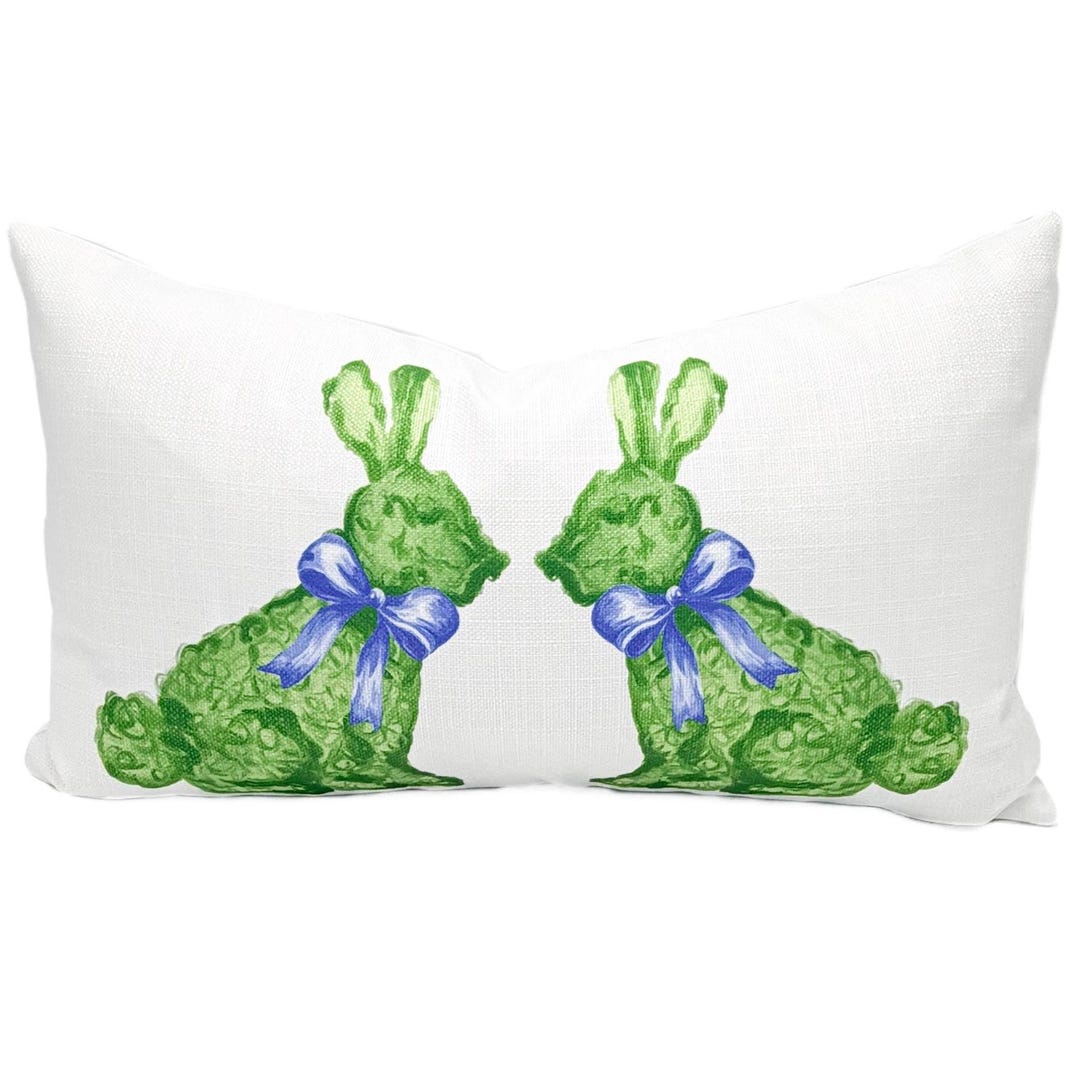 Blue Bow Boxwood Bunny Pillow || Blue and Green Painted Bunnies ...