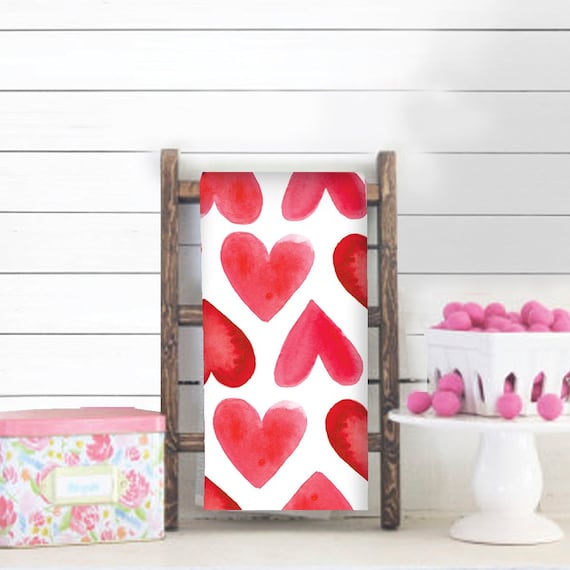 Valentines Tea Towel || Watercolor Hearts Kitchen Towel || Kitchen Towel Art