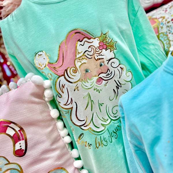 Gold Foil Pink and Mint Santa Tshirt || Christmas Tshirt || Holiday Shirt || Give like Santa, Love Like Jesus - 963