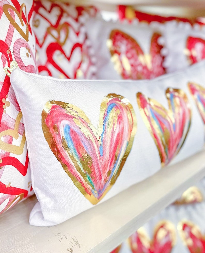 Colorful Gold Foil Hearts Lumbar Pillow Valentines Pillow Etsy