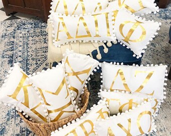 Gold Foil Sorority Pillow || Sorority Pom Pom Pillow || Greek Gift || Sorority Gift || Greek Pillow