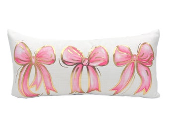 Gold Foil Pink Bows Lumbar Pillow - 1187