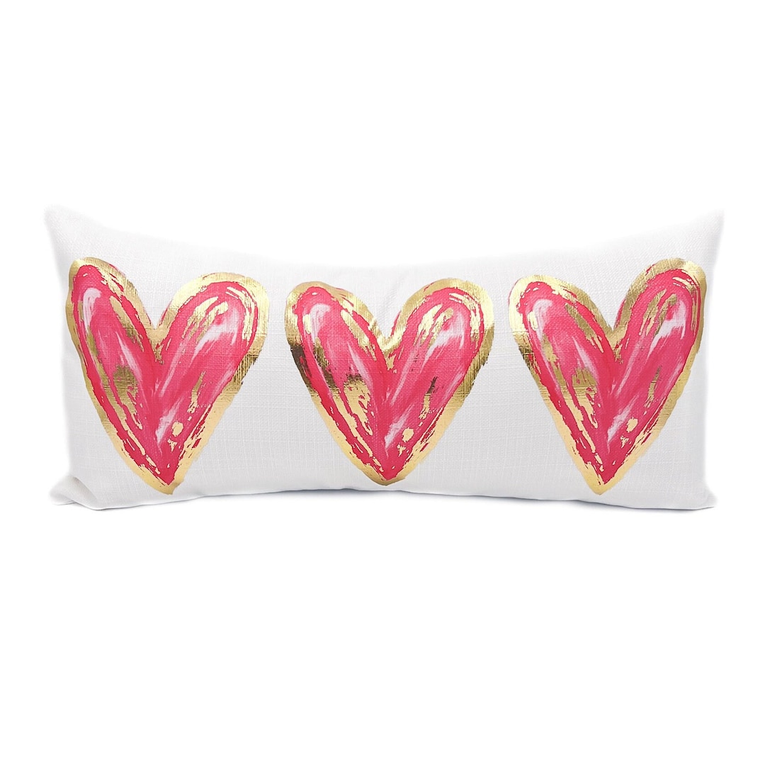 Gold Foil Pink Hearts Lumbar Pillow Valentines Pillow Heart Pillow 728