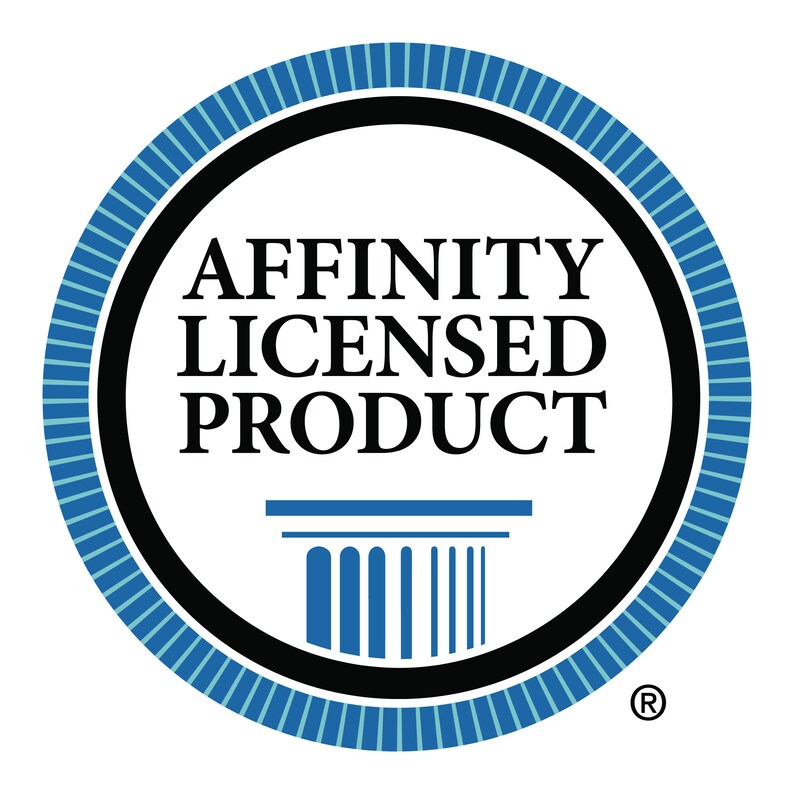 Puede incluir: Un logotipo circular con el texto "AFFINITY LICENSED PRODUCT" en negro, sobre un fondo blanco. El texto est&aacute; encerrado por un c&iacute;rculo negro, que est&aacute; rodeado por un anillo azul con l&iacute;neas verticales. Un dise&ntilde;o arquitect&oacute;nico azul se encuentra debajo.
