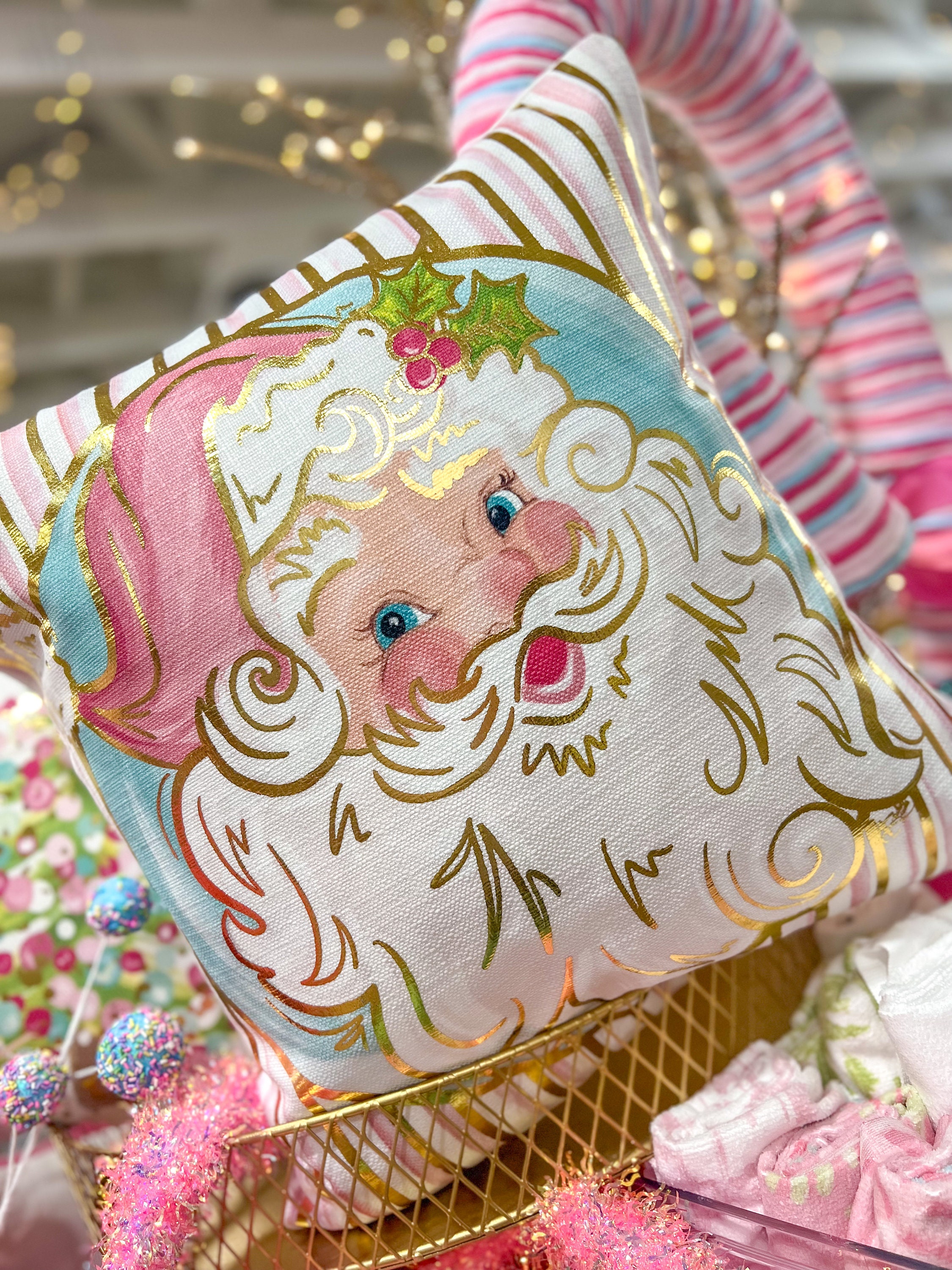 Pretty In Pink Santa Gold Foil Pink Mint Santa Pillow Gold Foil Christmas Pillow Christmas Decor Holiday Pillow 963