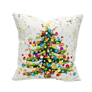 Gold Foil Colorful Splatter Christmas Tree Pillow || Christmas Pillow || Gold Foil Christmas Tree || Christmas Decor - 703