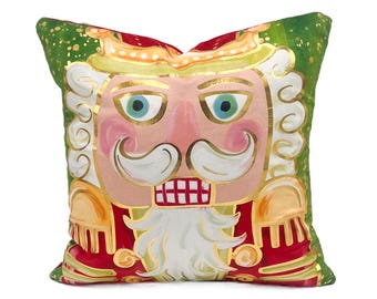 Gold Foil Red & Green Mr. Nutcracker Pillow || Christmas Nutcracker Pillow || Gold Foil Nutcracker Pillow - 895