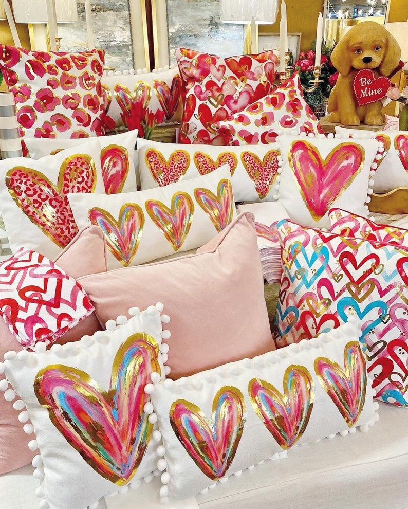 Colorful Gold Foil Hearts Lumbar Pillow Valentines Pillow Etsy