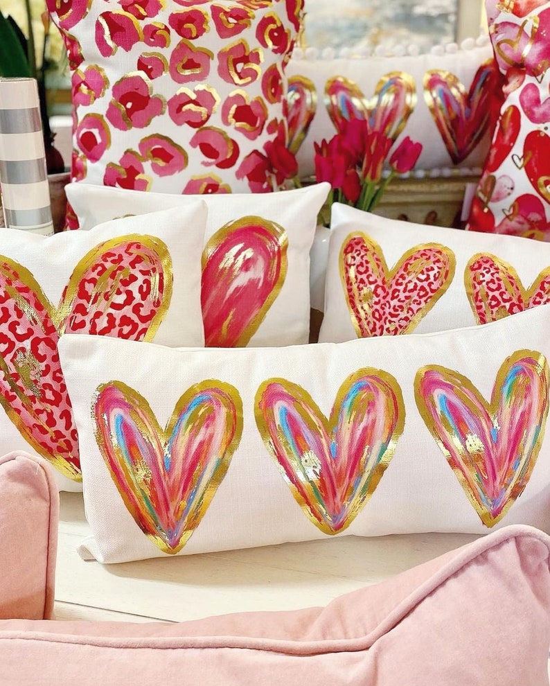 Colorful Gold Foil Hearts Lumbar Pillow Valentines Pillow Etsy