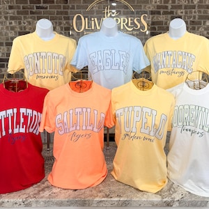 May include: A collection of seven short-sleeved crew neck t-shirts in various colors including red, yellow, light blue, orange, and white. Each shirt features a large collegiate-style text graphic with a pinstripe pattern and a secondary script text.