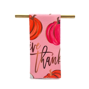 Pink “Give Thanks” Pumpkins Tea Towel || Fall Kitchen Towel || Thanksgiving Tea Towel - 1339