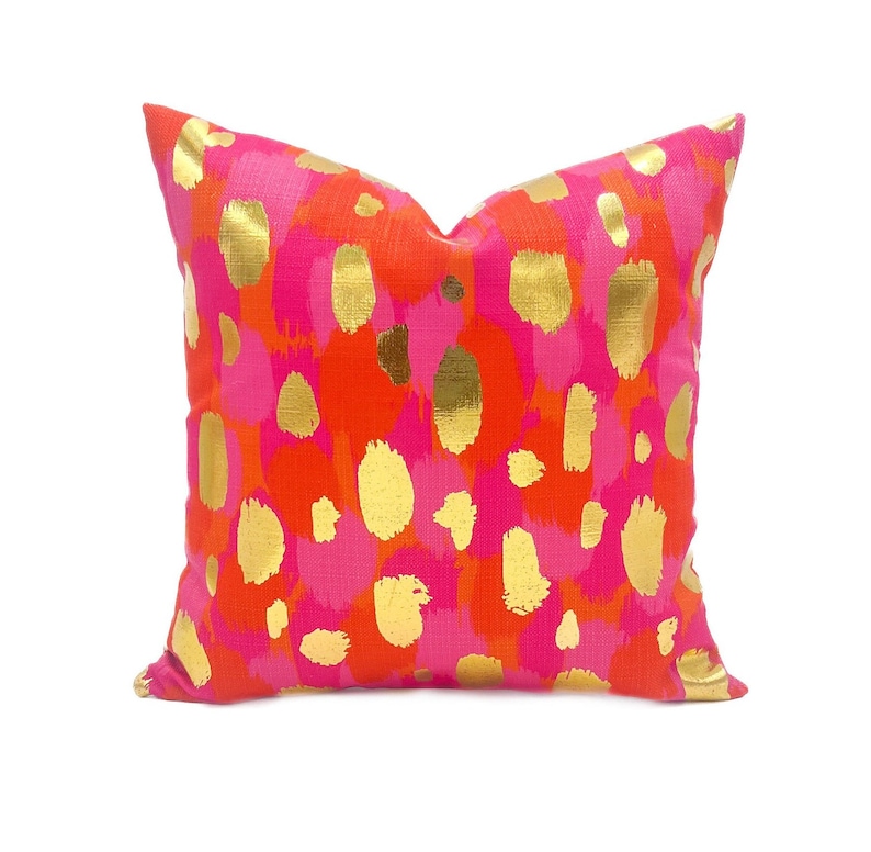 Pink &amp; Orange Paint Daubs Pillow || Summer Pillow || Colorful Gold Foil ...