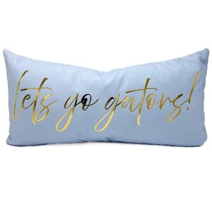 May include: A light blue rectangular pillow with the gold text "Lets go gators!". The pillow is a solid color and has a soft, velvety texture. The text is in a cursive font.