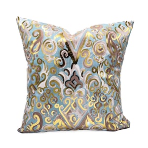 Gold Foil Damask Pattern Pillow || Teal and Gold pillow || Large Decorative Pillow - 388