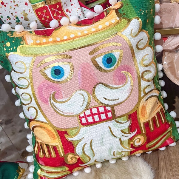 Red and Green Nutcracker Pillow || Christmas Nutcracker Pillow || Gold Foil Nutcracker Pillow - 895