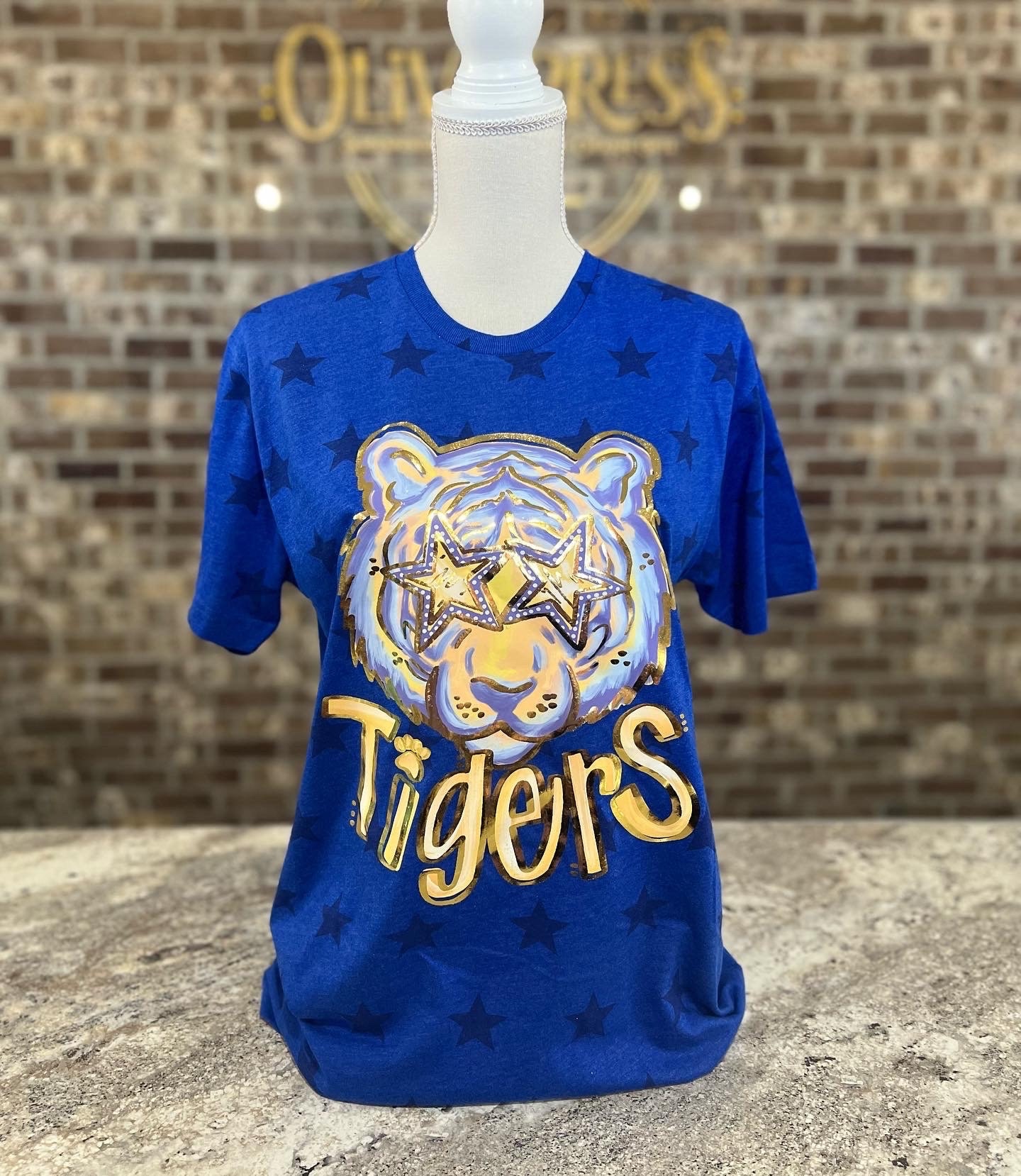 TheOlivePressTupelo Gold Foil Tiger Tshirt || Preppy Tiger Shirt || Blue Tiger Shirt || Gold Foil T-Shirt || Hatley Tigers Shirt