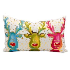 Colorful Radiant Reindeer Pillow || Fun Christmas Pillow || Gold Foil Holiday Pillow || Christmas Decor - 1276