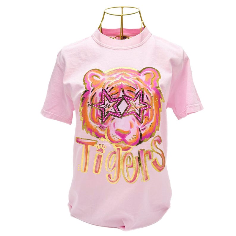 Gold Foil Pink Preppy Tiger Tshirt || Preppy Tiger Shirt || Pink Tiger Shirt || Gold Foil T-Shirt || Tigers Shirt image 1