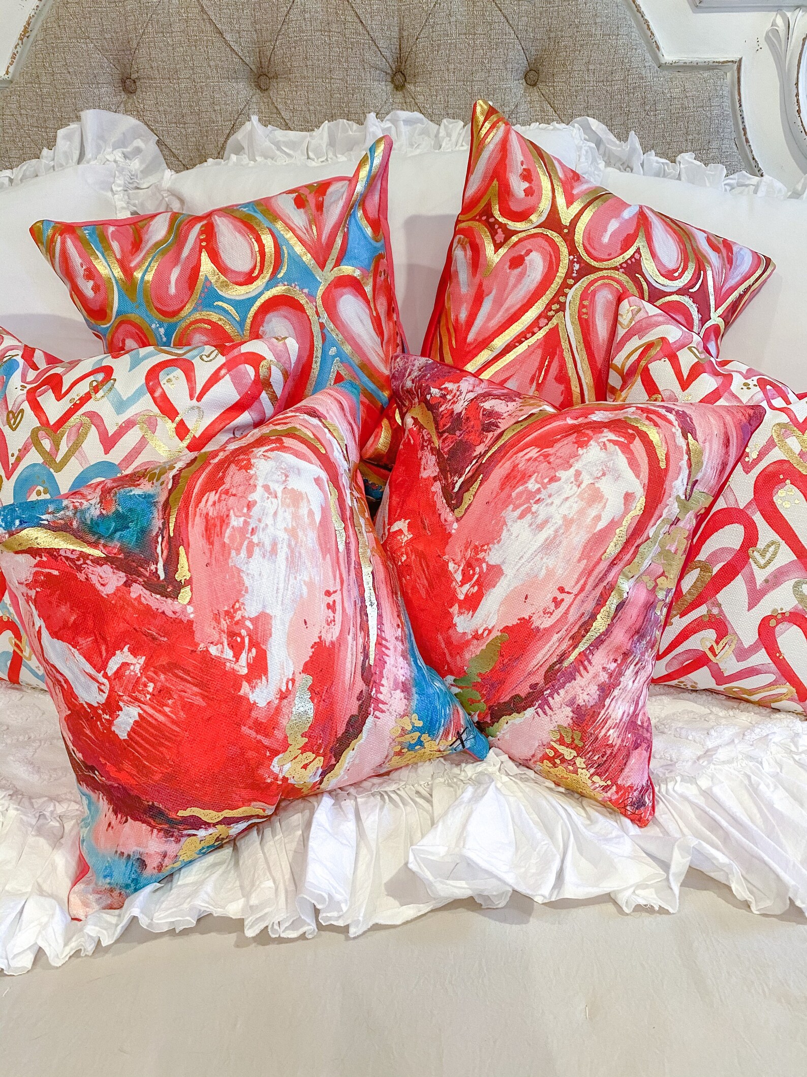 Valentines Pillow Gold Foil Heart Pillow Painted Heart Etsy