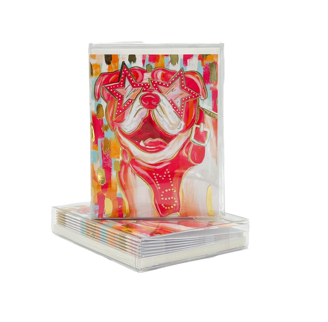 Gold Foil Preppy Pink Bully Folded Notes || Pink Bulldog Note Cards ...