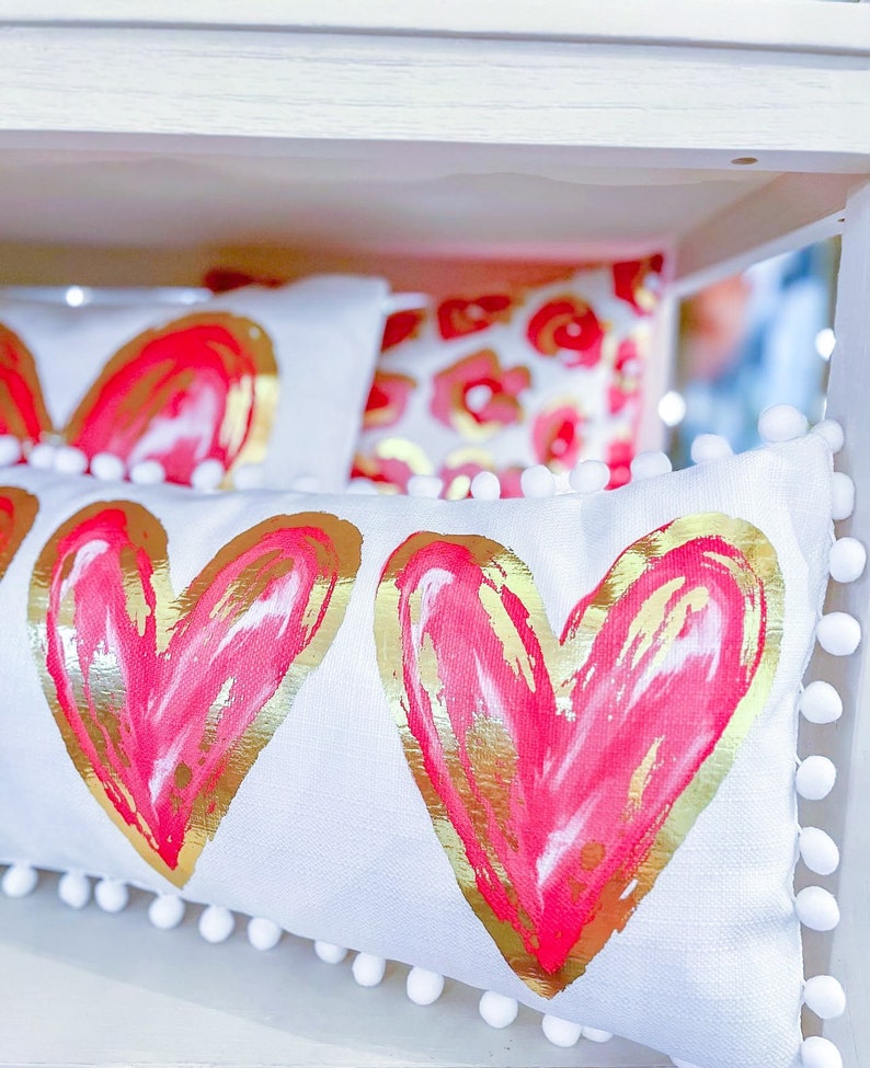 Gold Foil Hearts Lumbar Pillow Valentines Pillow Heart Etsy
