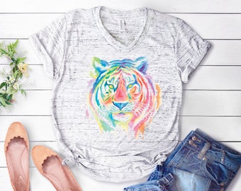 Colorful Tiger Watercolor T-Shirt || Bella Canvas V-Neck Tee || Women's T-Shirt - 006