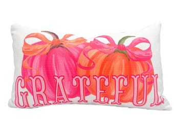 Pink & Orange “Grateful” Pumpkins Pillow || Fall Pillow || Pumpkin Pillow - 1338