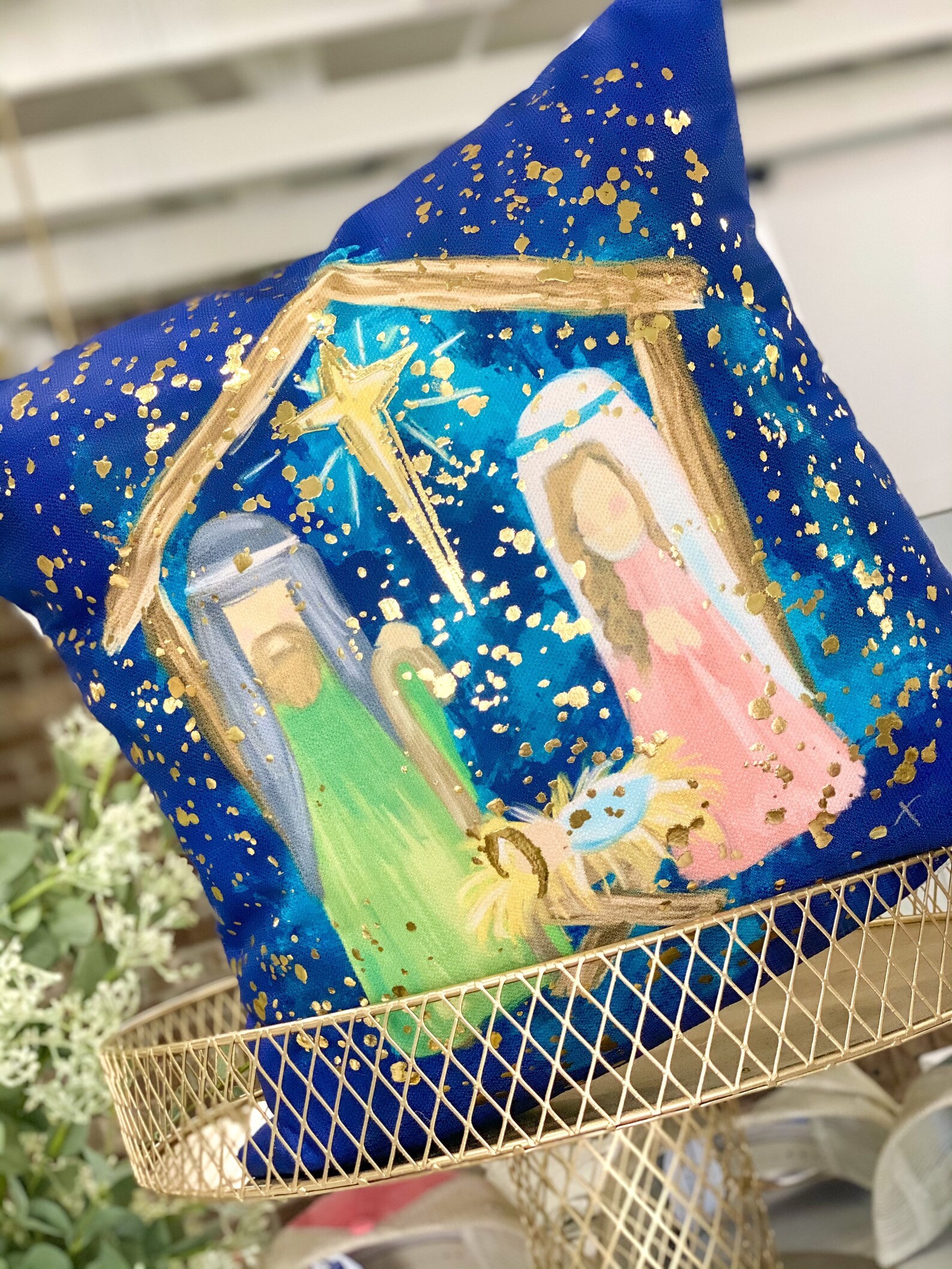 Gold Foil Pastel Nativity Velvet Pillow main image 0