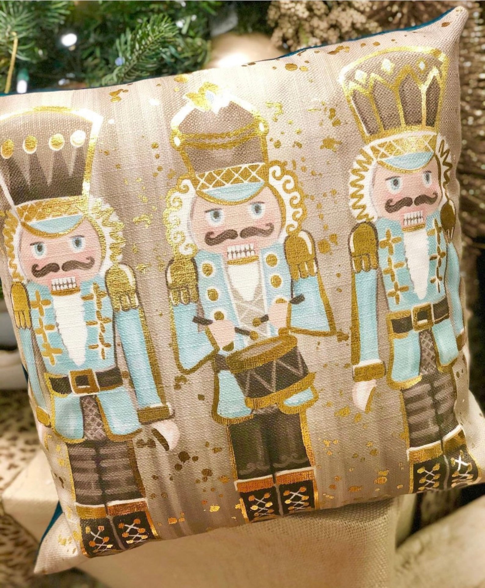 Aqua Gold Foil Nutcrackers Pillow Nutcracker Pillow Christmas Pillow