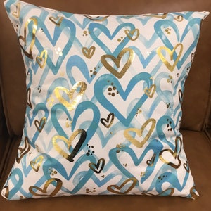 Turquoise Gold Foil Confetti Hearts Pillow - 839