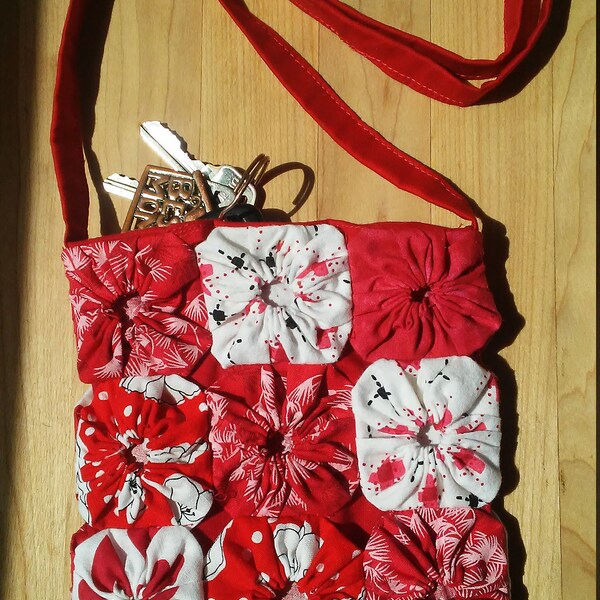 Cross Body Bag-Red Handmade Fabric YoYos