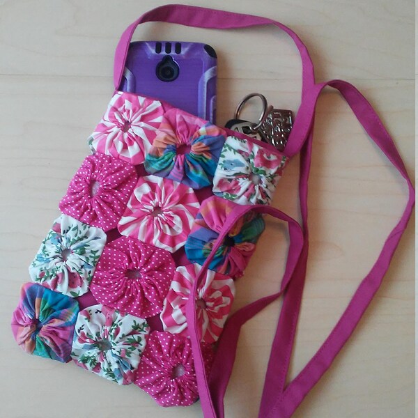 Cross Body Bag- Dark Rose Pink / Small Handmade Fabric YoYos