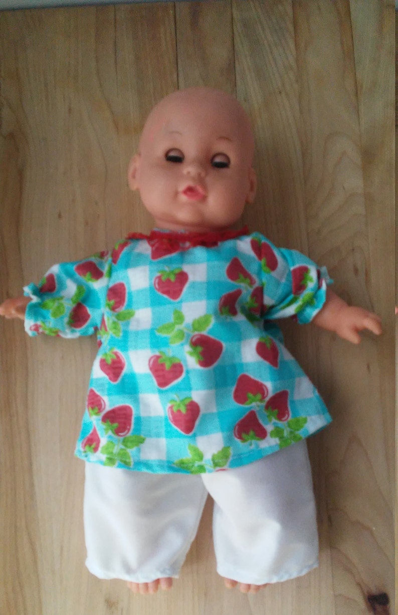 12 Doll Outfit Strawberry Top and White Pants image 1